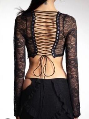 Sheer Black Lace-Up Long Sleeve Crop Top